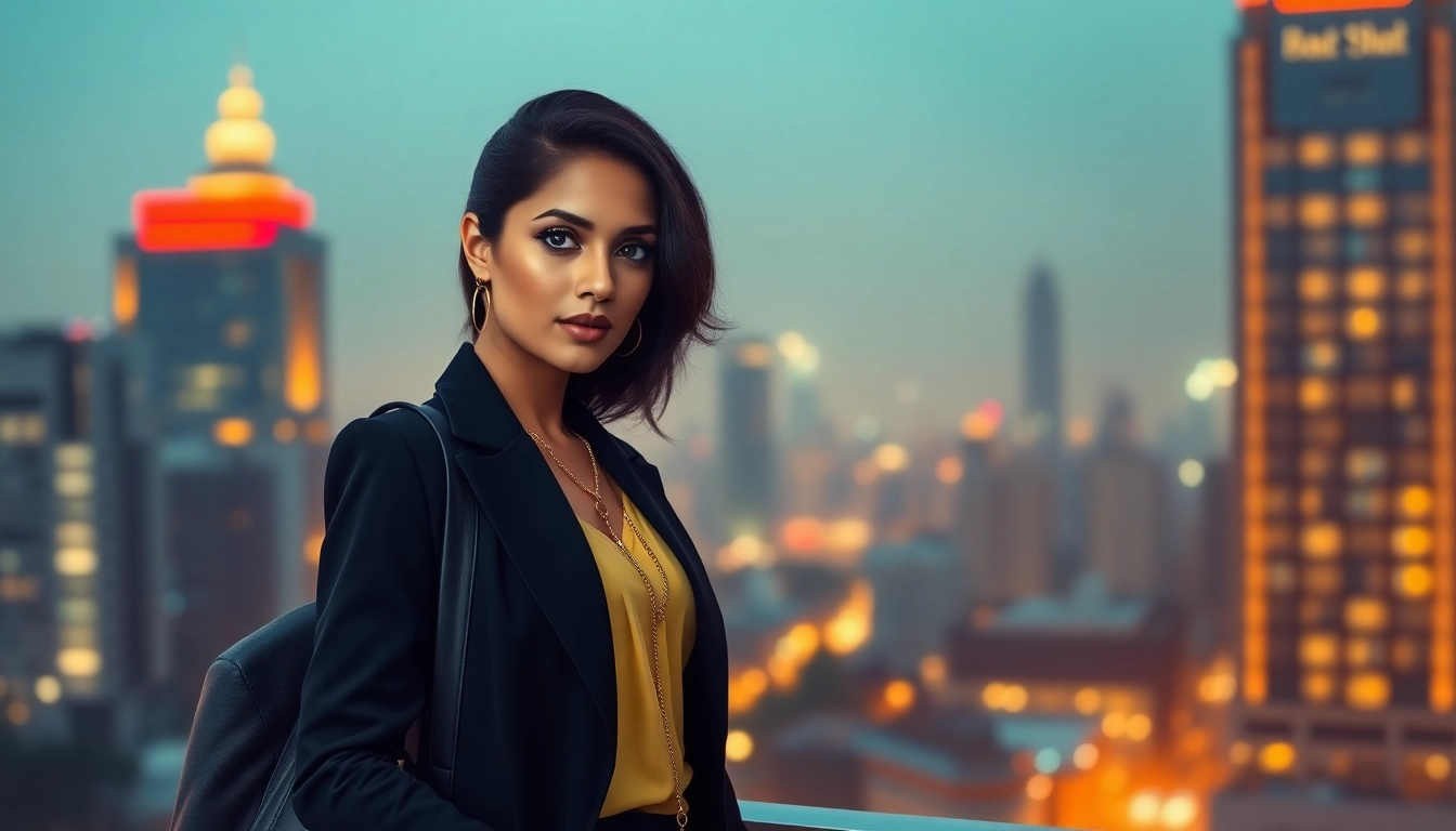 Professional Bangalore Call Girl offering discreet companionship, confident smile, city nightlife backdrop, inviting and classy appearance.
