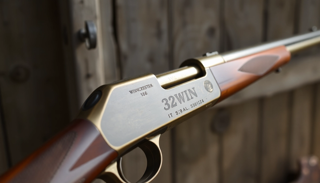 Detailed shot of a 32WIN rifle with vintage wood and brass components, emphasizing historical firearm craftsmanship for enthusiasts.