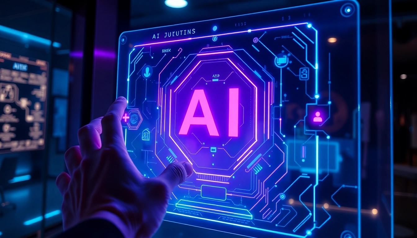 Futuristic AI interface with a person interacting, neon glow, high-tech environment