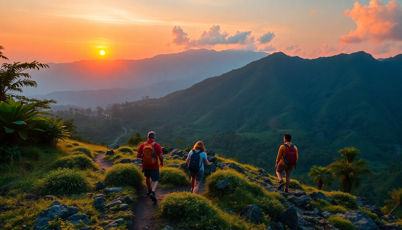 Trekking in Indonesia: Hikers navigating challenging jungle trails with scenic views.
