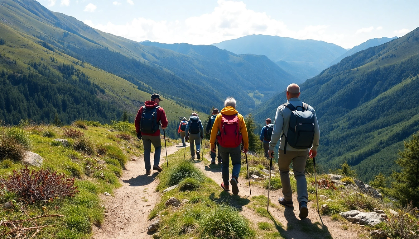 Guided trek through lush mountain landscape with hikers led by an experienced guide, showcasing adventure and natural beauty.