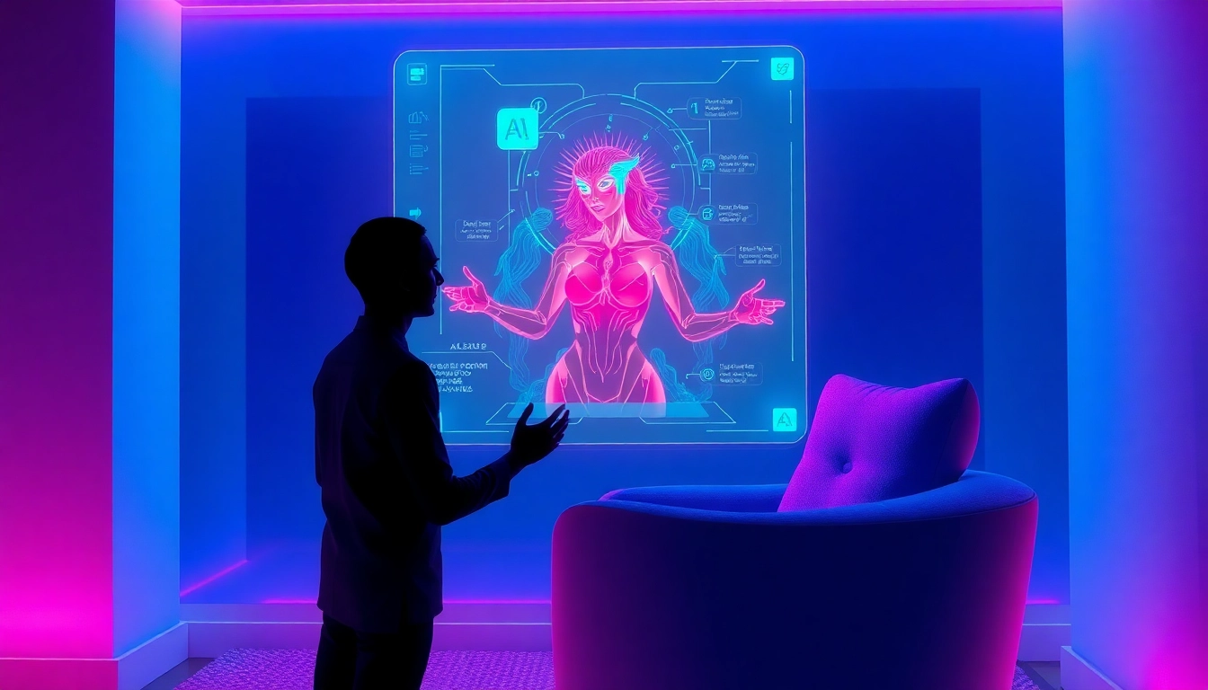 A futuristic AI chat interface with a seductive AI character.