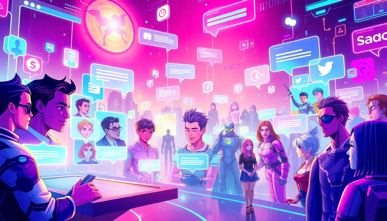 Futuristic digital scene showing avatars and characters from various fandoms engaging in a lively virtual social media environment.