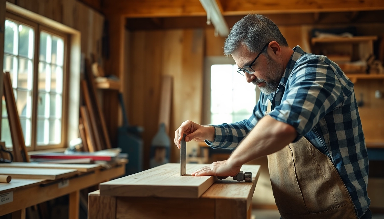 Experienced carpenter working on detailed carpentry projects with tools and wood, highlighting craftsmanship and precision.