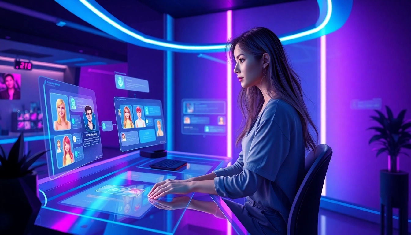 Young woman interacting with holographic AI interface in a modern, neon-lit room.