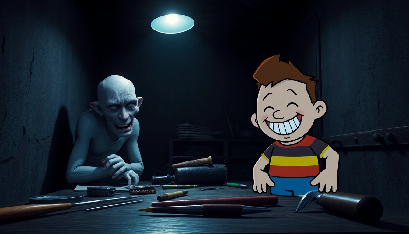 A disturbing scene showing a distressed character and a cheerful Harvey in a dark, tense setting, highlighting emotional and moral conflict.