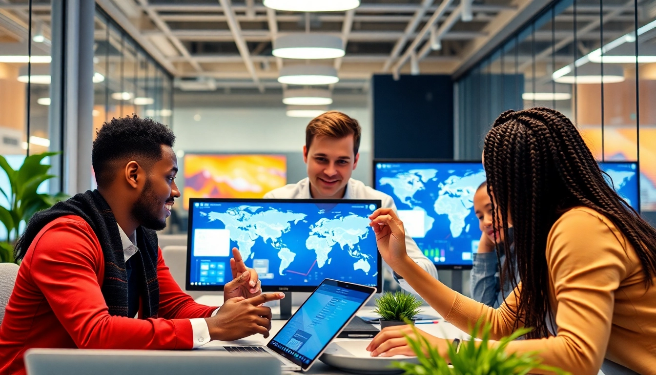 Team reviewing global startup updates on digital screens in a vibrant office setting