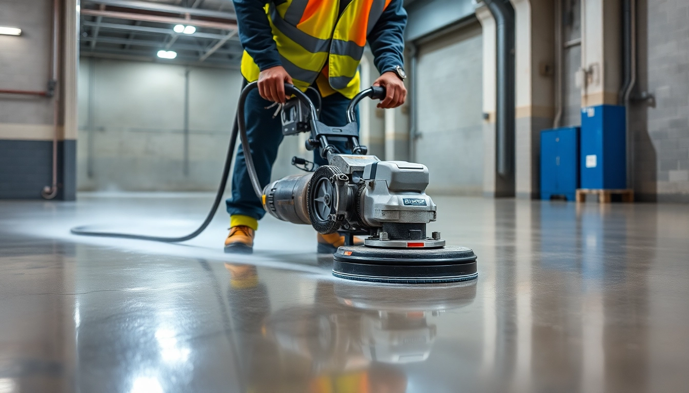 Expert performing concrete grinding Birmingham services on a modern commercial floor with